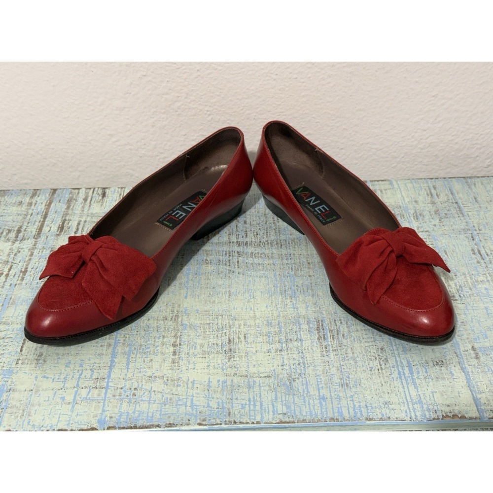 Van Eli Italy Vintage Red Leather Suede Bow Pumps Women's 6.5M - Picture 3 of 12